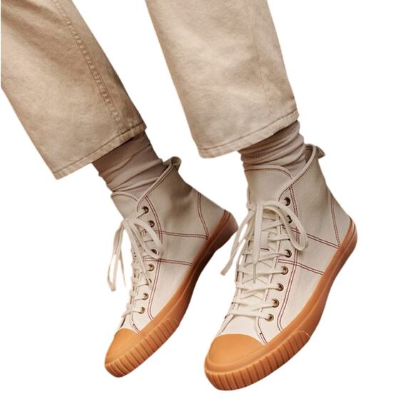 J.Crew Canvas High-Top Sneakers Ivory Gum Sole Red Stitching Sz 6 - Picture 3 of 10